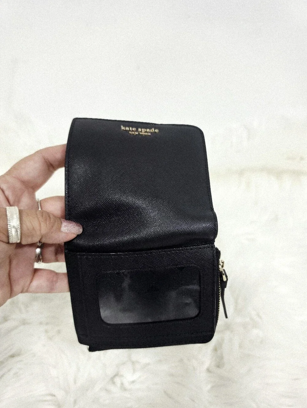 Kate Spade New York Black Leather Bifold Wallet Zip Coin ID Card Holder - Picture 9 of 10